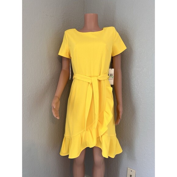 Calvin Klein Size 8 Short Sleeve Belted Ruffle Hem Wrap Mid Length Dress NEW - Picture 1 of 15